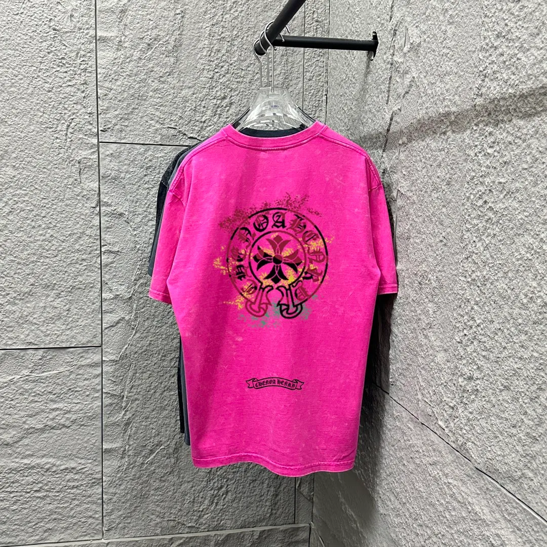🅿️180 CH Crow Heart* 2025 spring and summer new style Snowflake distressed washed retro round neck short sleeves Chest logo Horseshoe print Customized fabric Short-sleeved T-shirt Unisex Size: S M L XL XXL Color: Snowflake Black Snowflake Gray Snowflake Pink Snowflake Blue